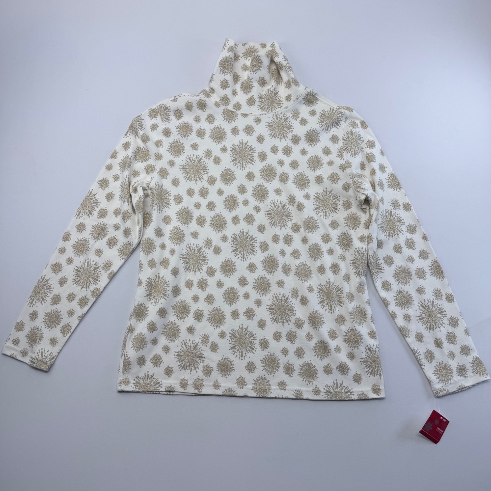 Holiday Editions White Gold Metallic Snowflake Turtleneck Cotton Top L NWT